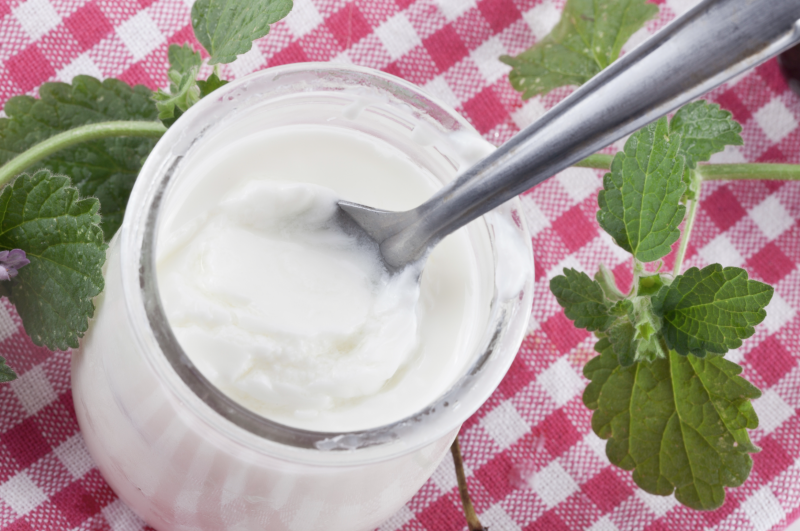 Glas yoghurt op een geblokt tafellaken met muntblaadjes