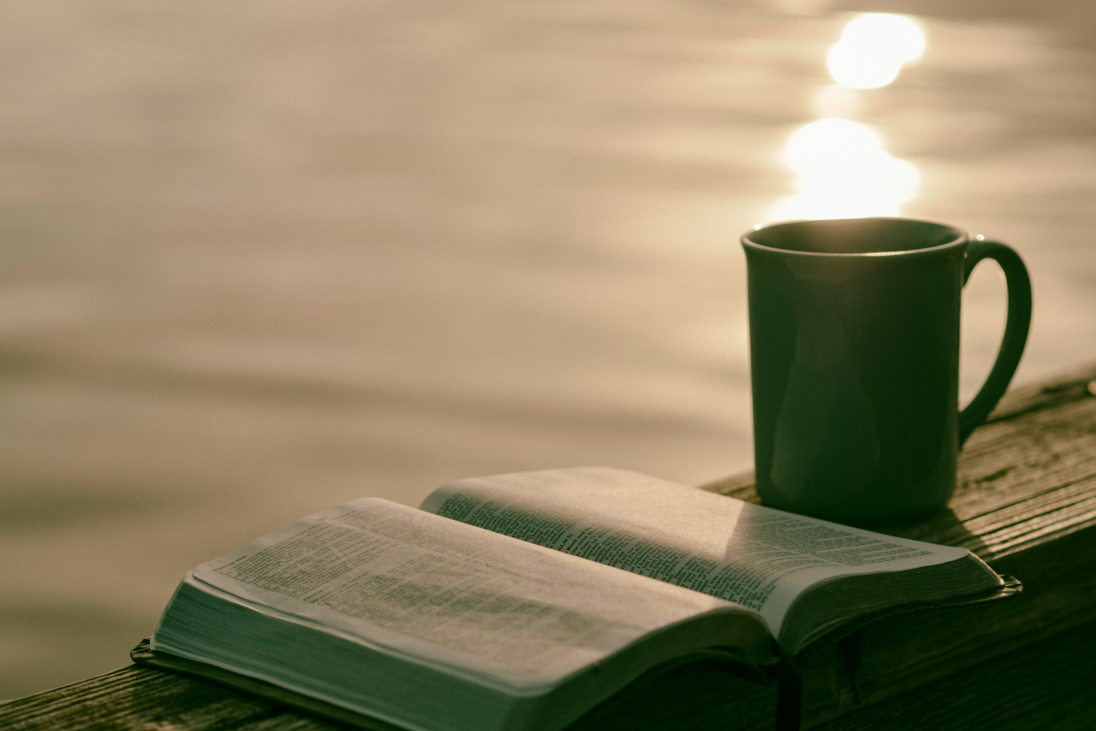 Kopje koffie met open boek bij zonsondergang